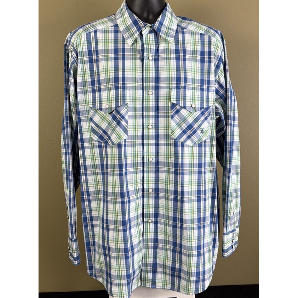 Ariat Pro Series Mens L Pearl Button Down Long Sleeve Shirt Blue/Green Plaid NEW